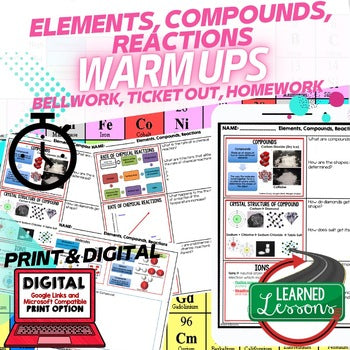 Elements, Compounds, Reactions Warm Ups Bell Ringers, Science Warm Ups - preview 1