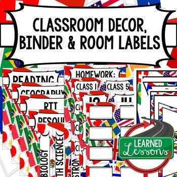 SECONDARY CLASSROOM DECOR, BINDER LABELS, ALL SUBJECTS, World Flags - preview 1