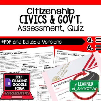 Citizenship Test & Quiz, Citizenship Assessment, Civics Assessment, Google Form - preview 1