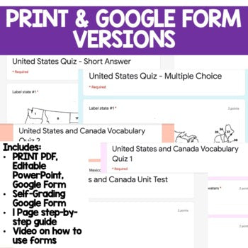 US and Canada Tests & Vocabulary Quizzes Geography Assessment, GOOGLE FORM - preview 2