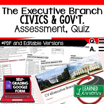 Executive Branch Test, Executive Branch Quiz, Civics Assessment with Google Form - preview 1