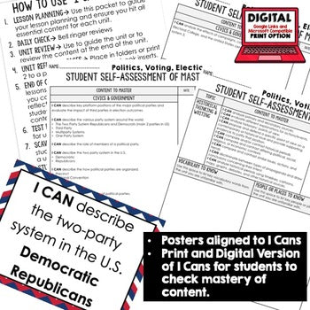 Politics, Voting, Elections I Cans & Posters, Self-Assessment of Mastery, CIVICS - preview 2