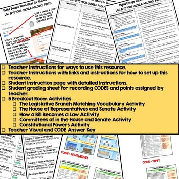 Legislative Branch Digital Escape Room, Breakout Room, Activity Pages No Prep - preview 3