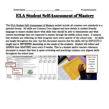 ELA I CANS Self-Assessment of Mastery Grades 6-8 Common Core Aligned - preview 2