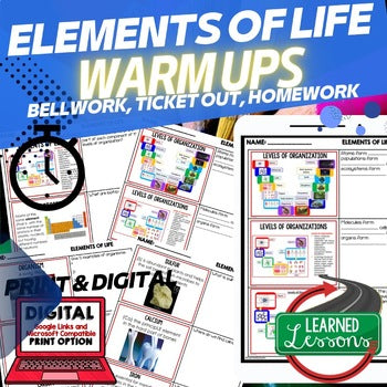 Characteristics of Living Things & Elements of Life Bell Ringers | Print Digital - preview 1