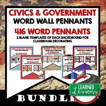 Civics Word Wall Bundle | 419 Government Vocabulary Pennants | Print & Google - preview 1