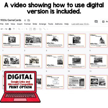 1920s Game Cards | Roaring Twenties U.S. History | Print & Digital Activity - preview 2