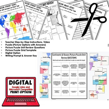 Continents and Oceans Activity Picture Puzzle, Test Prep, Unit Review - preview 2