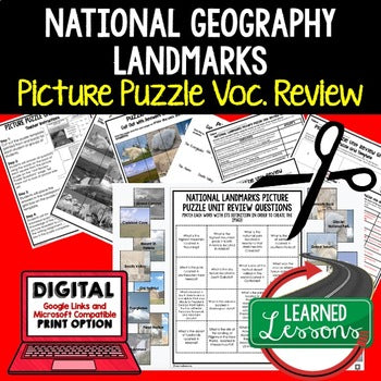 US Geographic Landmarks Activity Vocabulary Picture Puzzle Study Guide Test Prep - preview 1