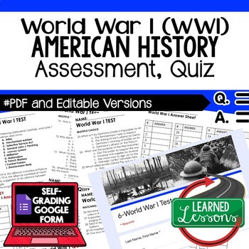 World War I, WWI Test & Quiz, American History Assessment Google Form - preview 1