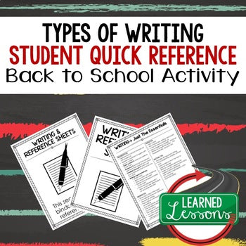 Back to School Types of Writing Reference Sheet | Writing Bulletin Notes - preview 1