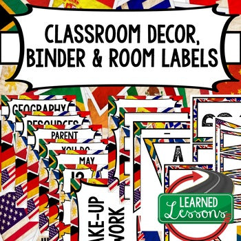 SECONDARY CLASSROOM DECOR, BINDER LABELS,  World Flags Grunge - preview 1