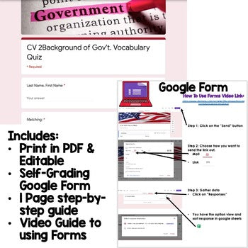 Government Vocabulary Quiz | Civics Assessment | Print & Google Forms - preview 2